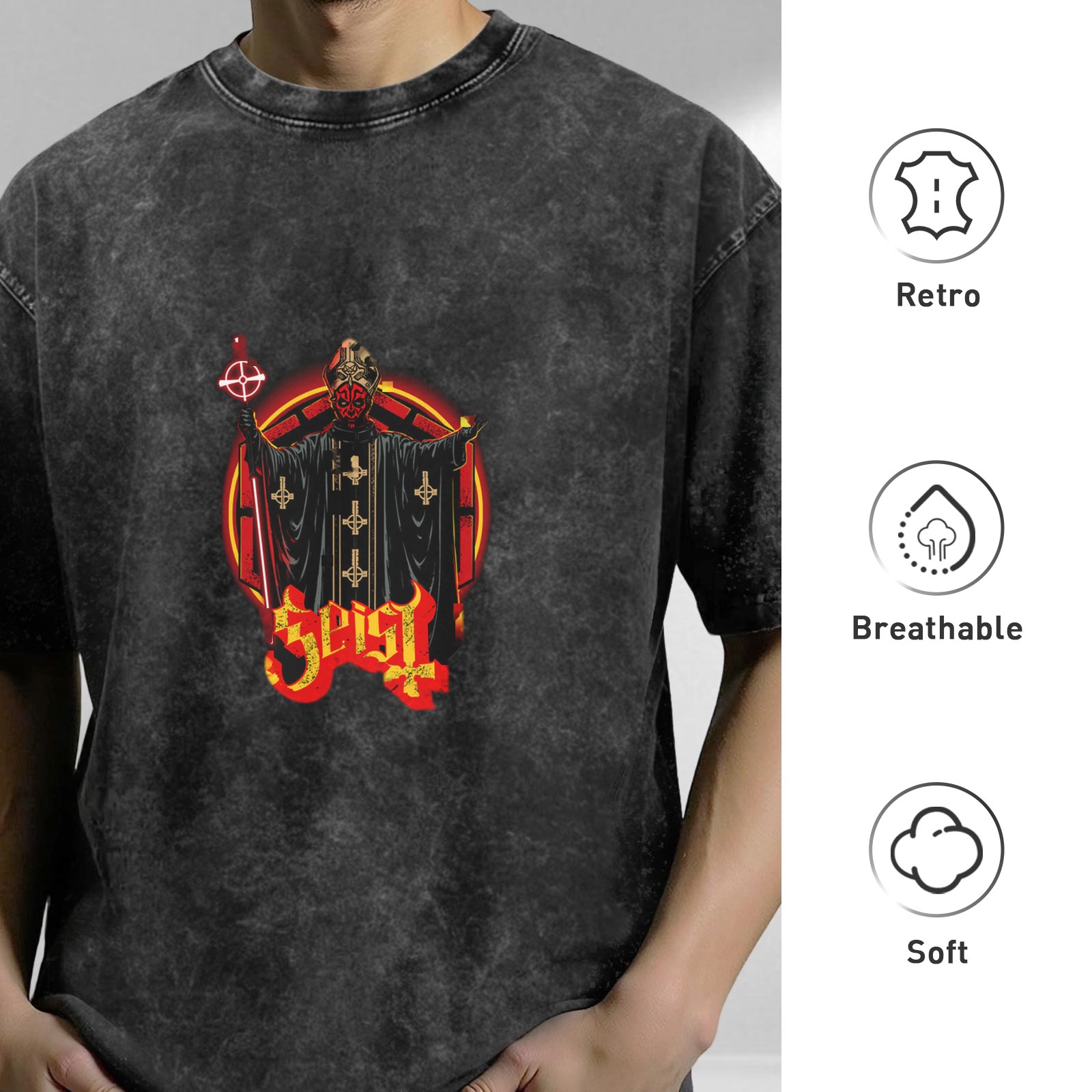 Oversized Dark Wash Graphic T-Shirt with Occult Priest Print