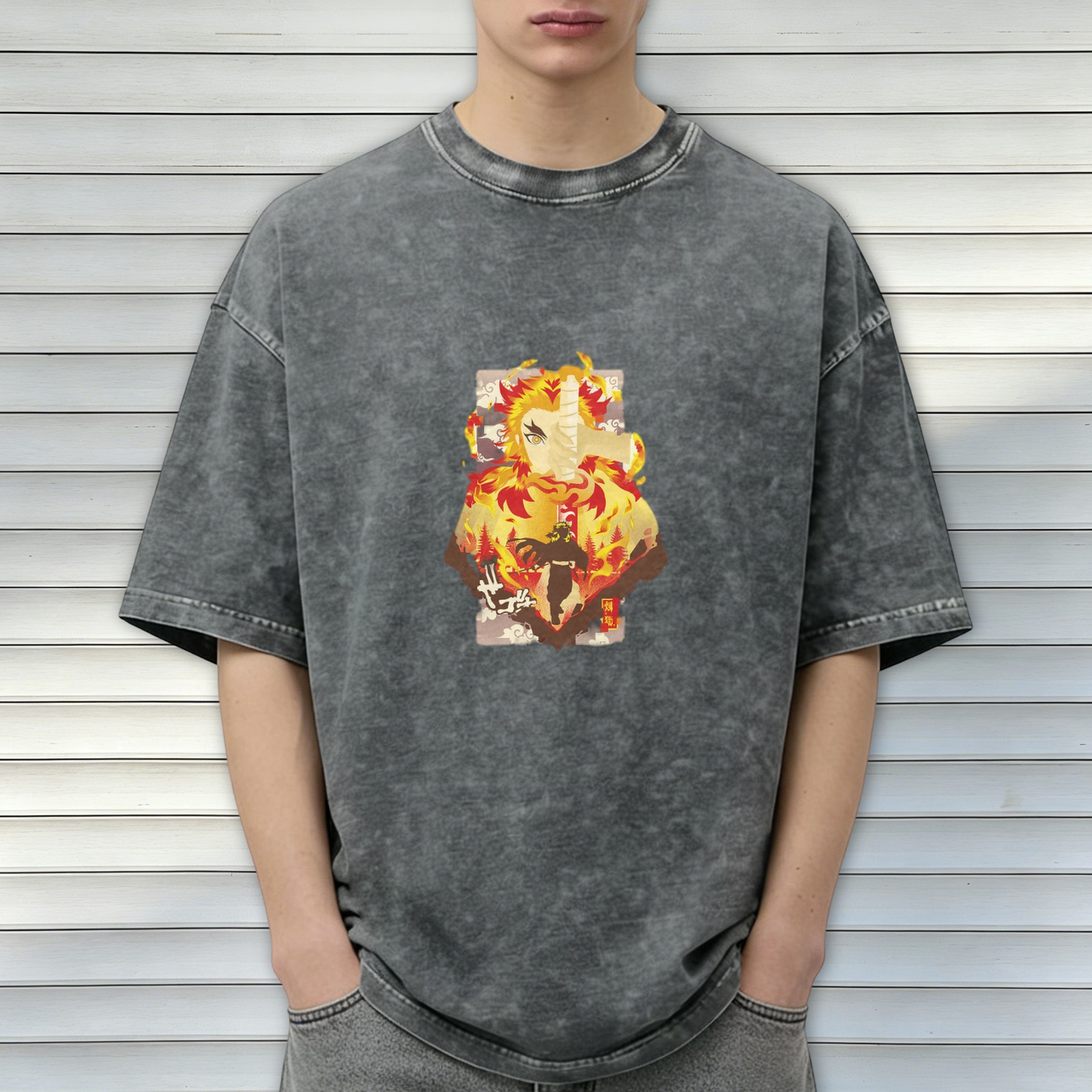 Demon Slayer Kyojuro Rengoku Flame Hashira Anime Graphic Oversized Vintage Wash T-Shirt