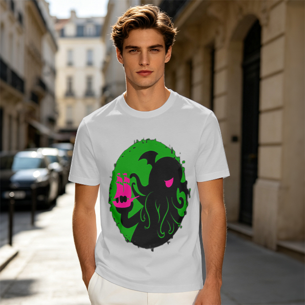 Olive T-Shirt With Cthulhu Holding Pink Ship Graphic Print