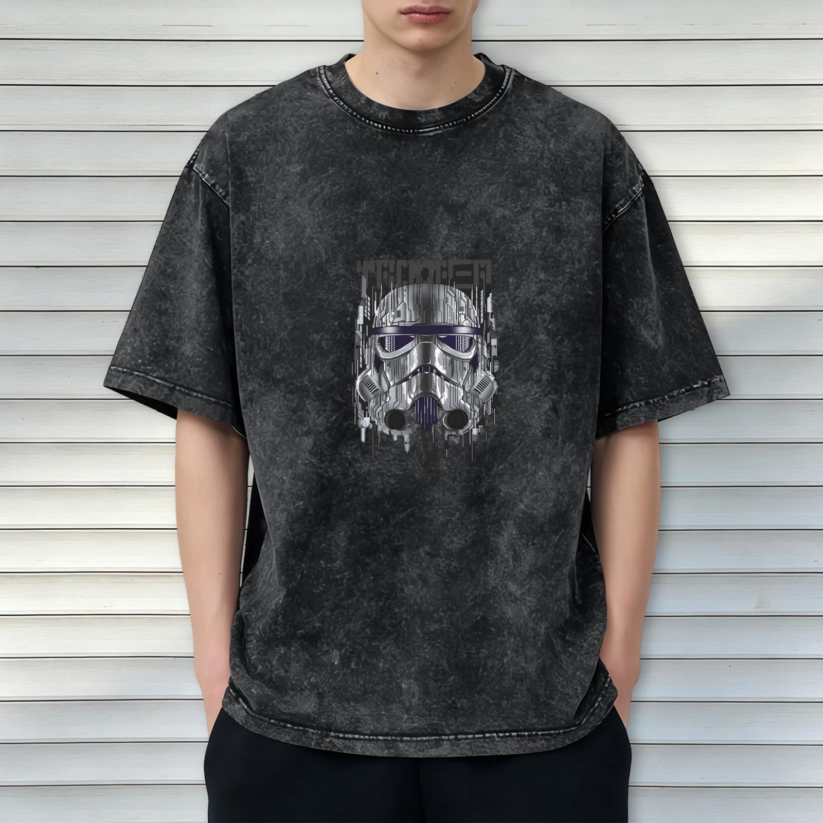 Washed Black Oversized T-Shirt with Cyber Stormtrooper Helmet Graphic