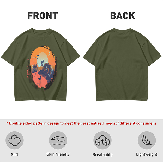 Olive T-Shirt with Sunset Mountain Wolf Silhouette Art Print