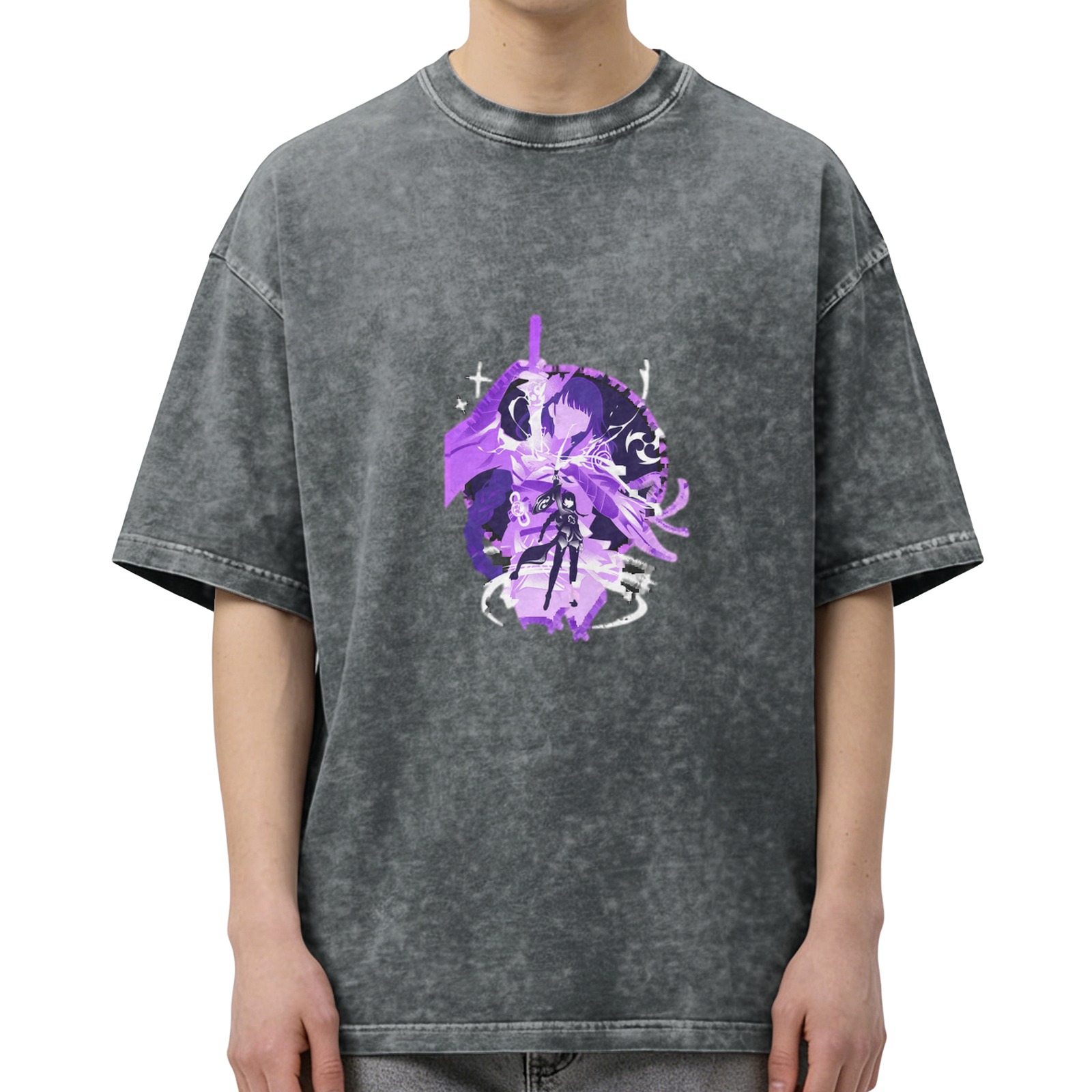 Washed Black T-Shirt with Purple Anime Character Graphic Print