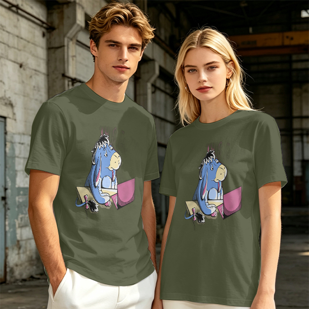 Olive T-Shirt Featuring Eeyore Using a Laptop