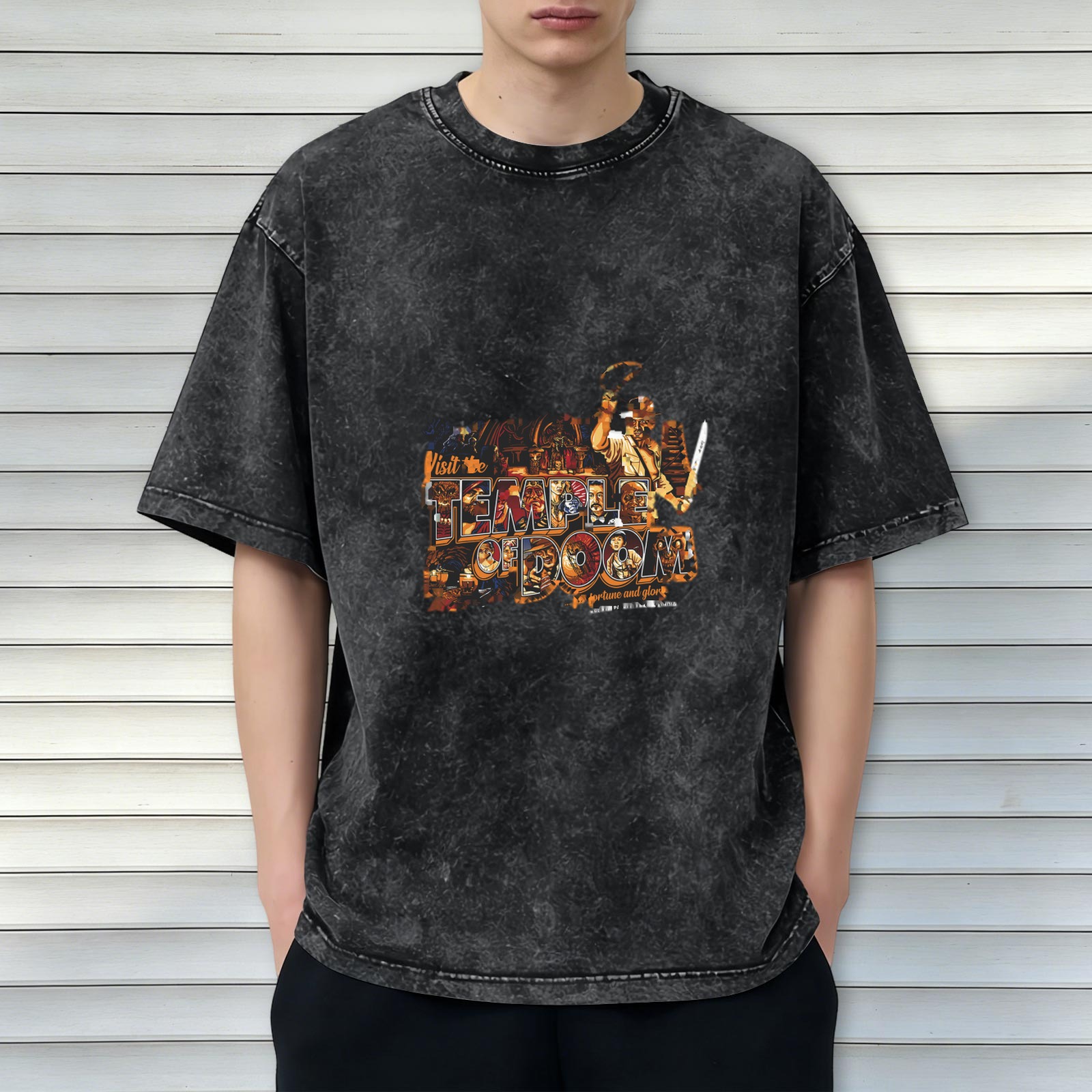 Washed Black Graphic Tee Featuring Temple of Doom Adventure Design