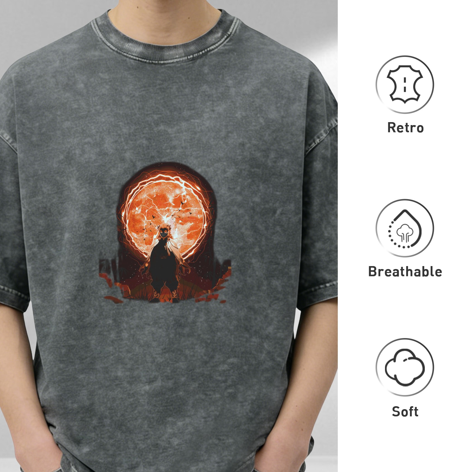 Washed Black Oversized T-Shirt With Anime Character Under Glowing Red Moon Graphic