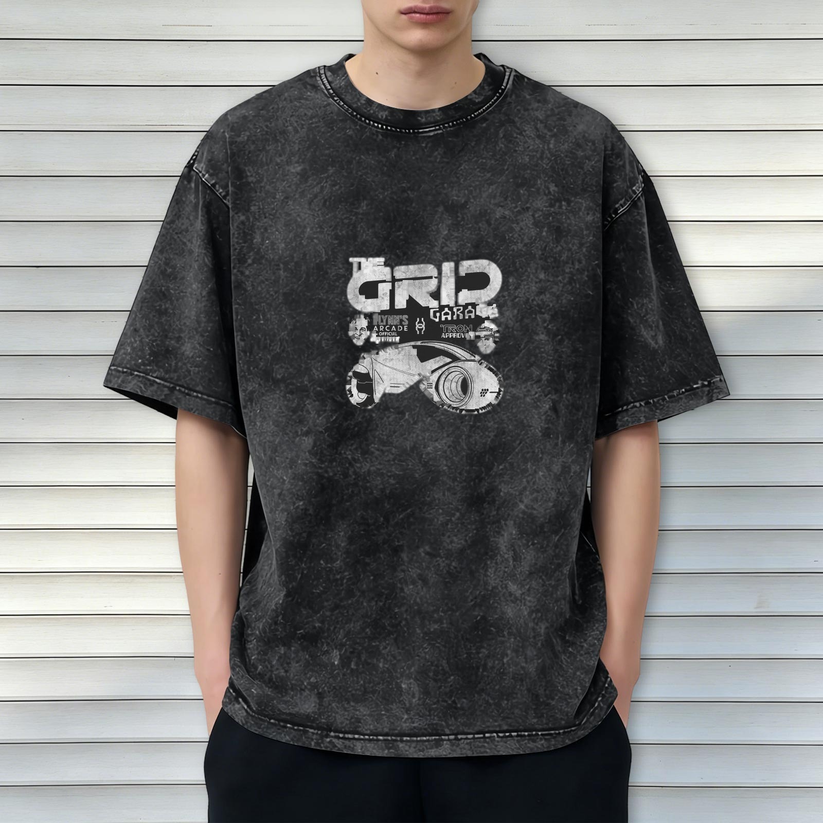 Washed black graphic t-shirt with The Grid Garage futuristic design