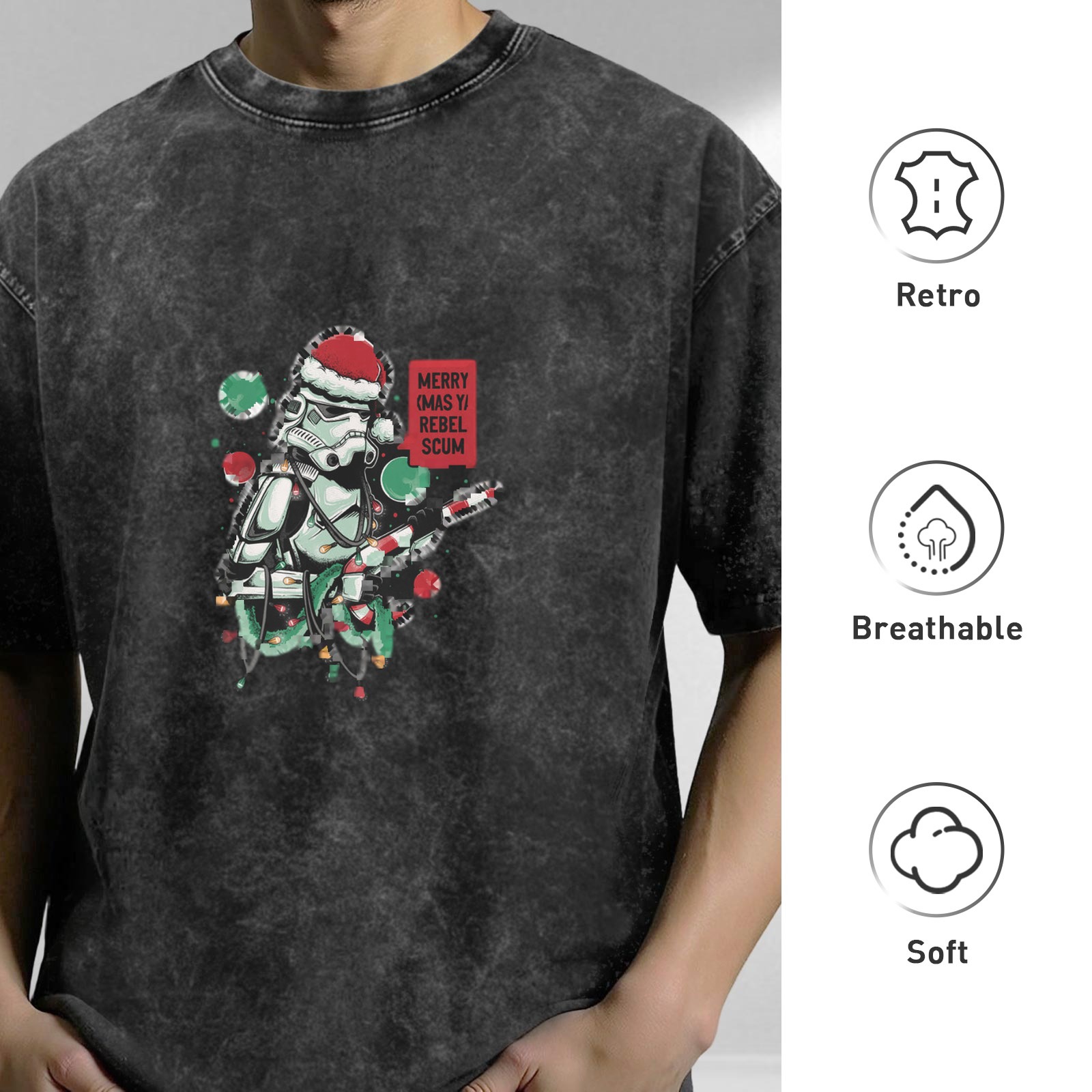 Star Wars Stormtrooper Christmas Graphic Oversized Stone Wash T-Shirt - 'Merry Sithmas Rebel Scum' Festive Holiday Tee