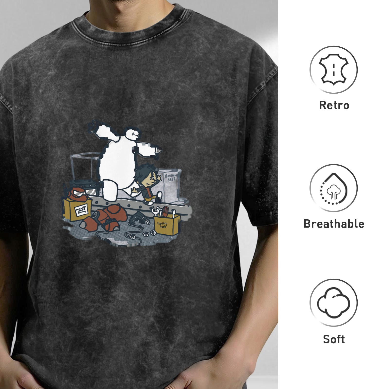 Washed graphic t-shirt with Baymax and Hiro Hamada design