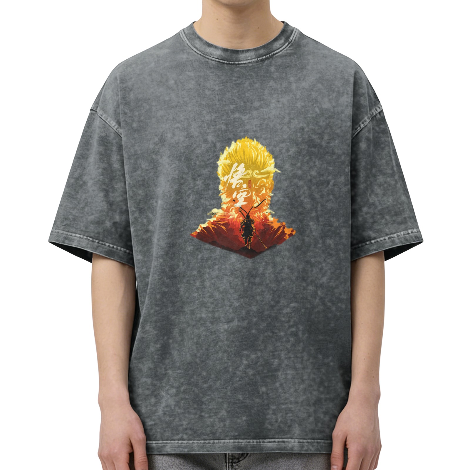 Wukong Graphic Washed Black Short Sleeve T-Shirt