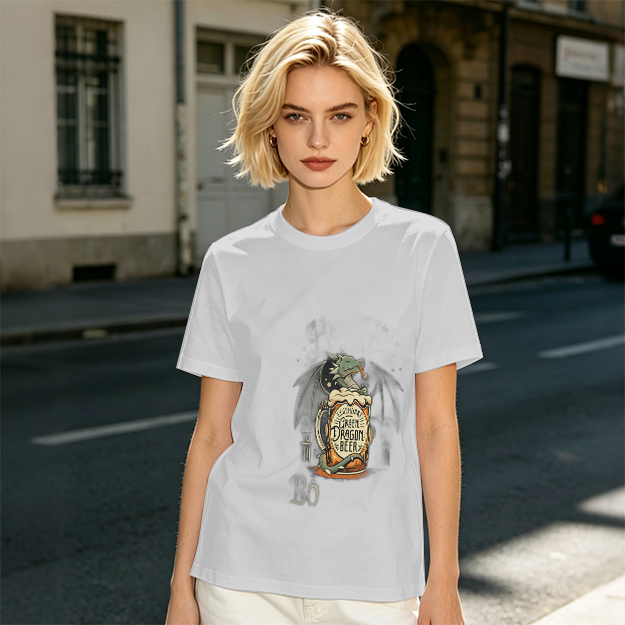 Olive Green T-Shirt with Dragon Beer Mug Graphic Print