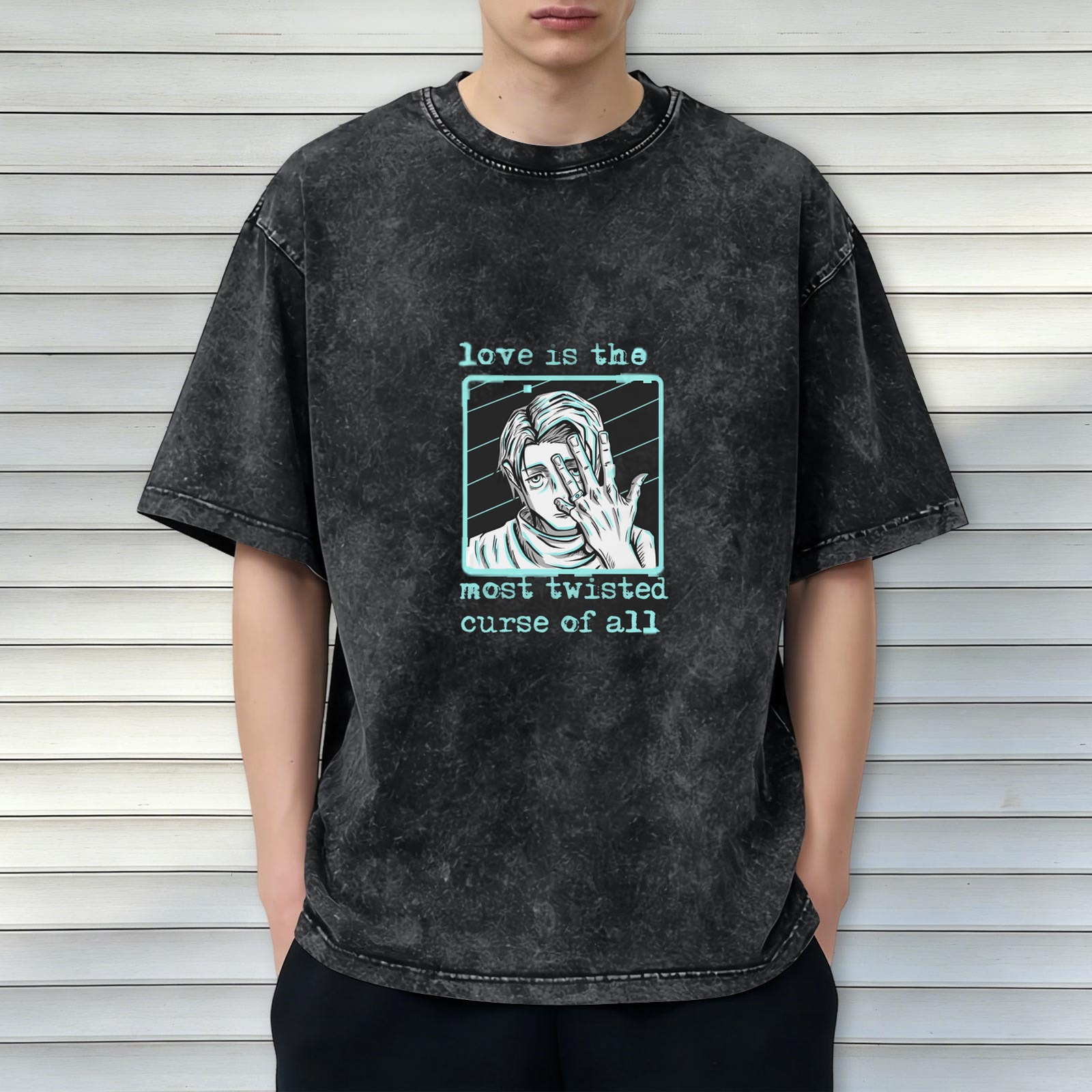 Anime graphic washed t-shirt with 'love is the most twisted curse of all' text