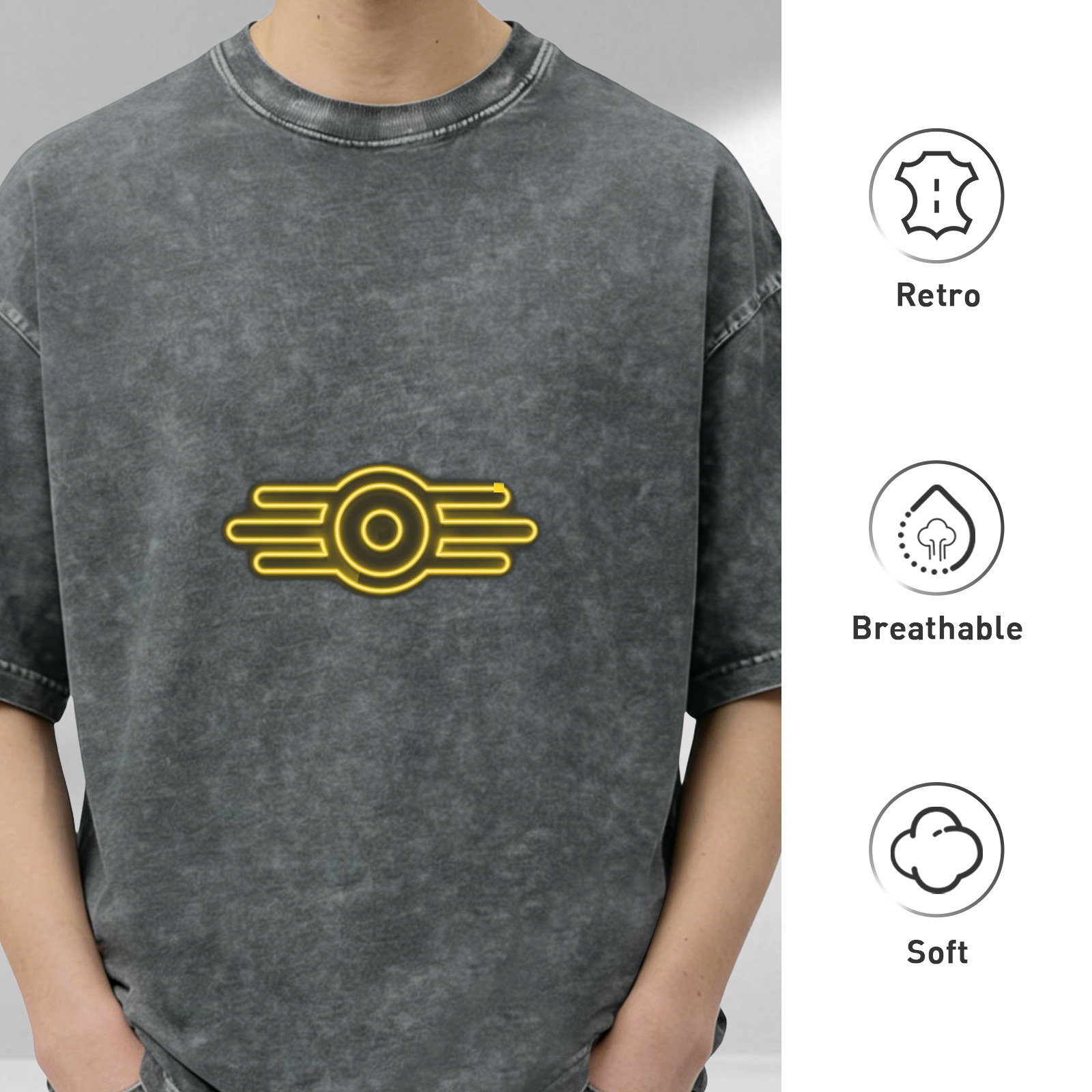 Washed Black Oversized T-Shirt With Neon Vault Boy Style Emblem