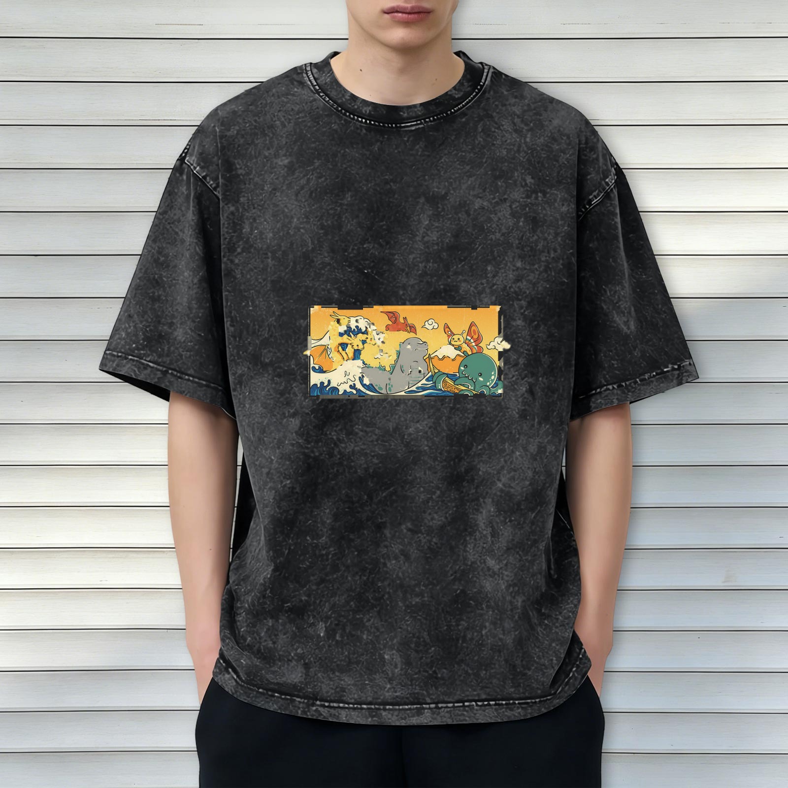 Washed Black Oversized T-Shirt with Cute Monster Wave Graphic