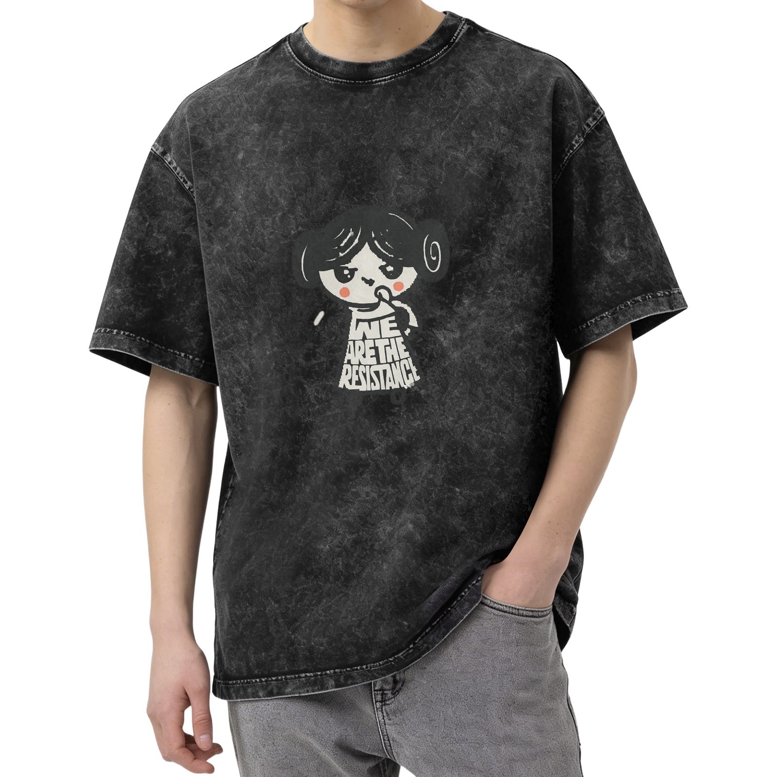 Washed Black T-Shirt With Cute Princess Leia We Are The Resistance Print