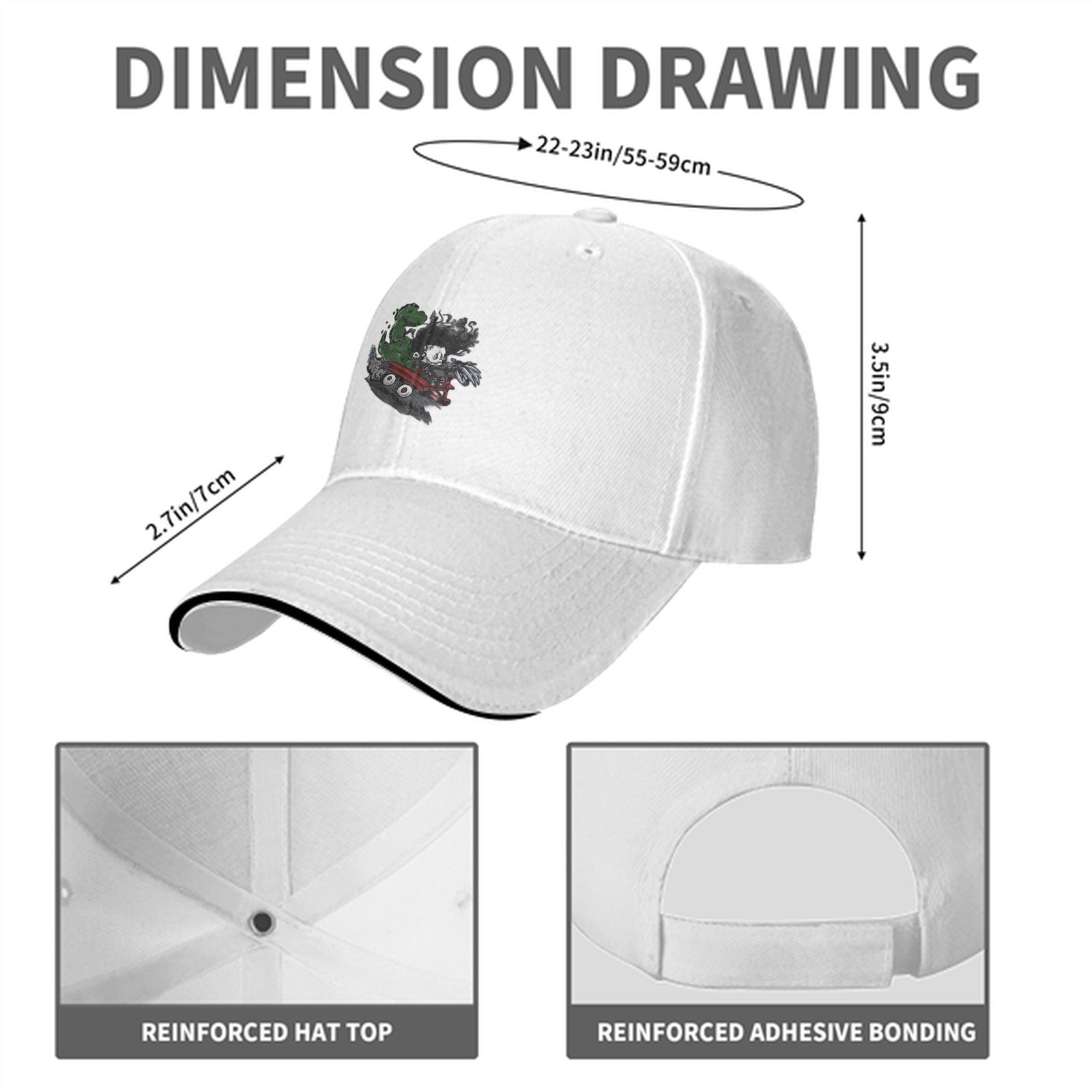 Black baseball cap with anime villain graphic print