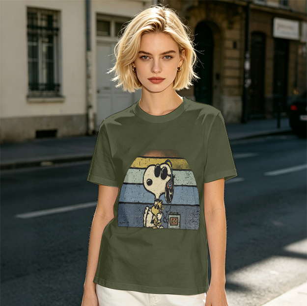 Olive T-shirt with Snoopy and Woodstock Retro Sunset Graphic
