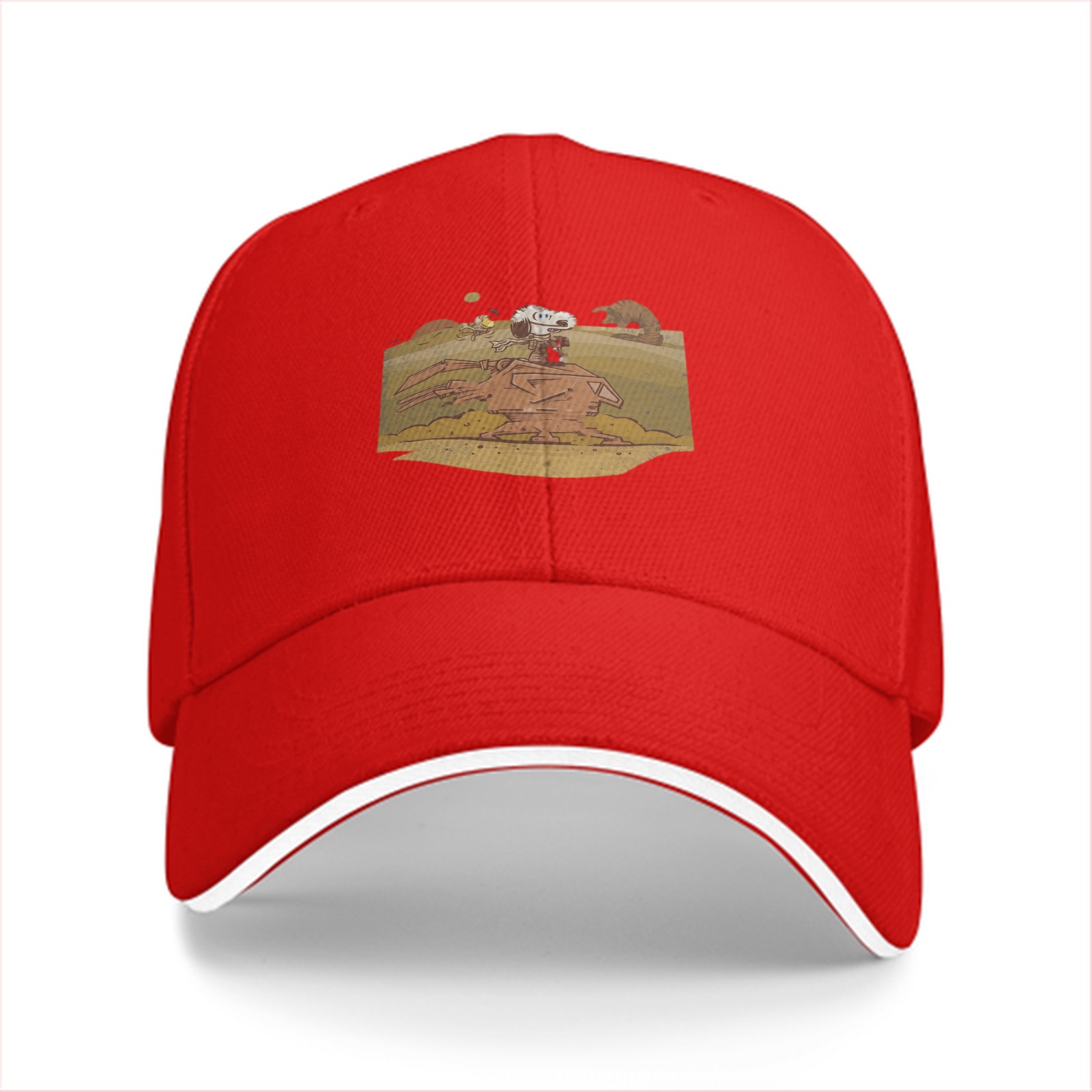 Black baseball cap with Snoopy desert scene graphic print