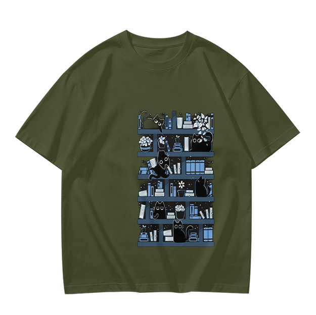 Olive Green T-Shirt With Black Cats On Bookshelves Graphic
