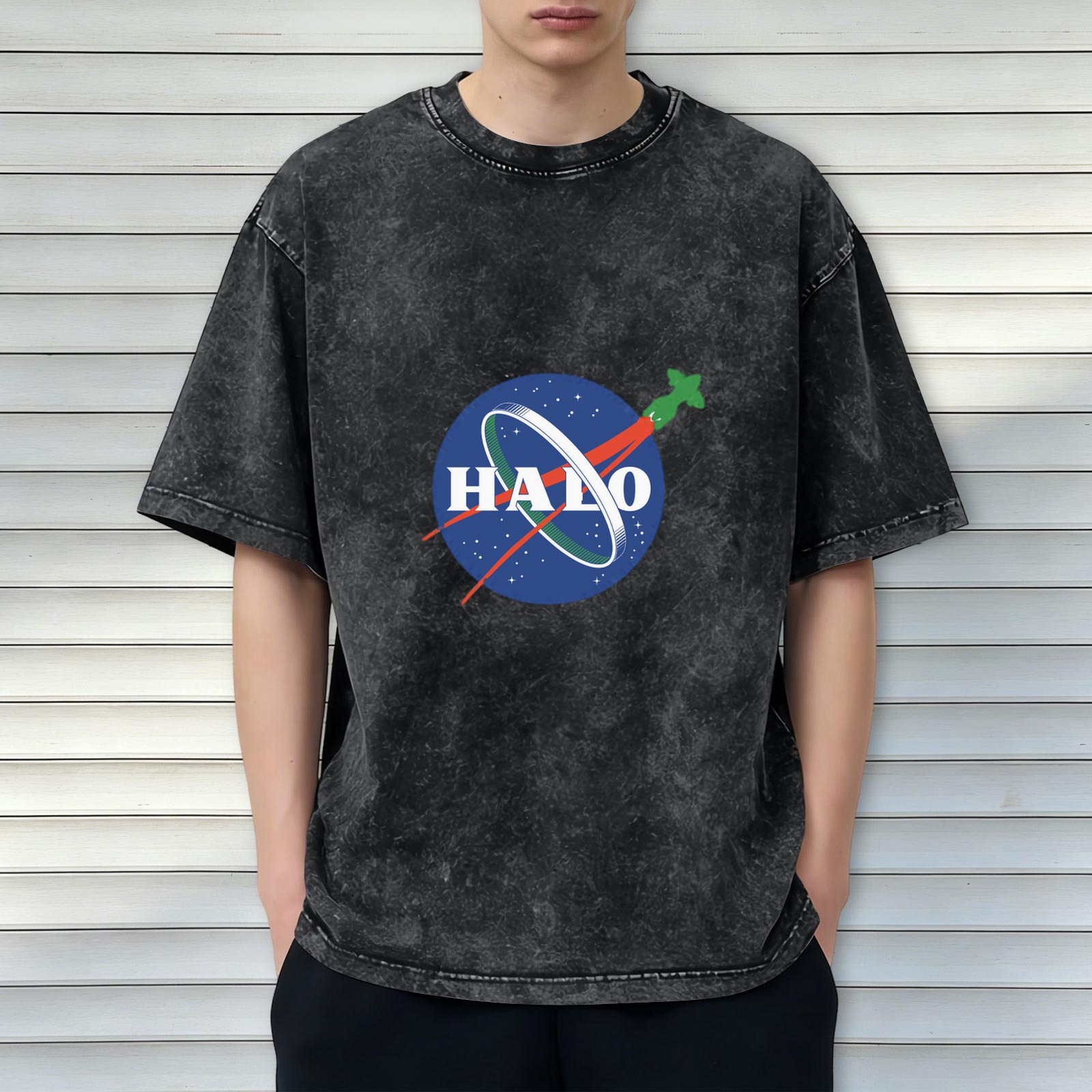 Oversized Acid Wash Black T-Shirt with NASA-style HALO Graphic Print