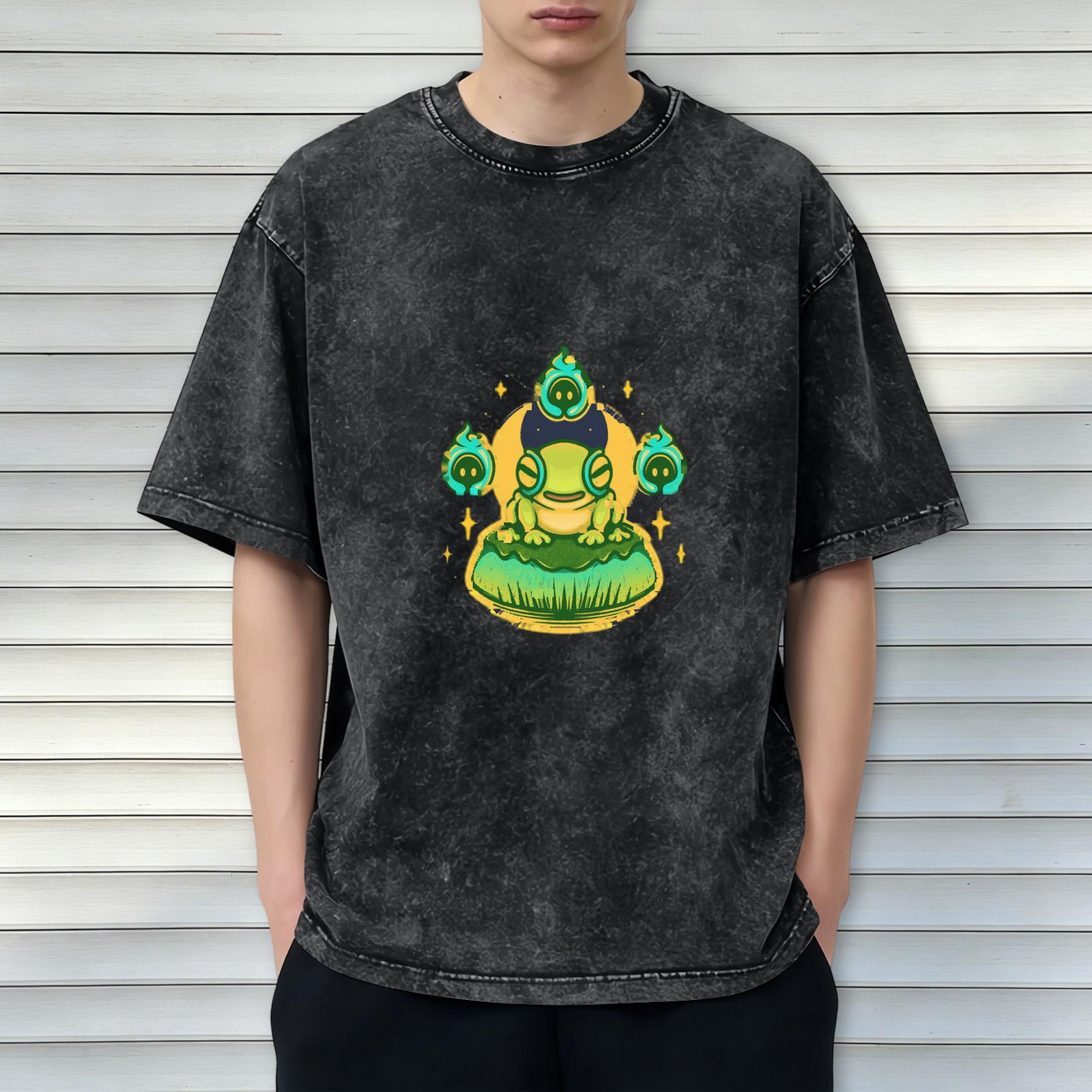 Oversized Acid Wash T-Shirt with Cute Frog and Ghost Flames Graphic