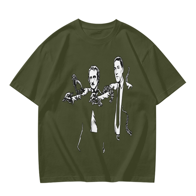 Olive T-shirt with Gothic author illustration print