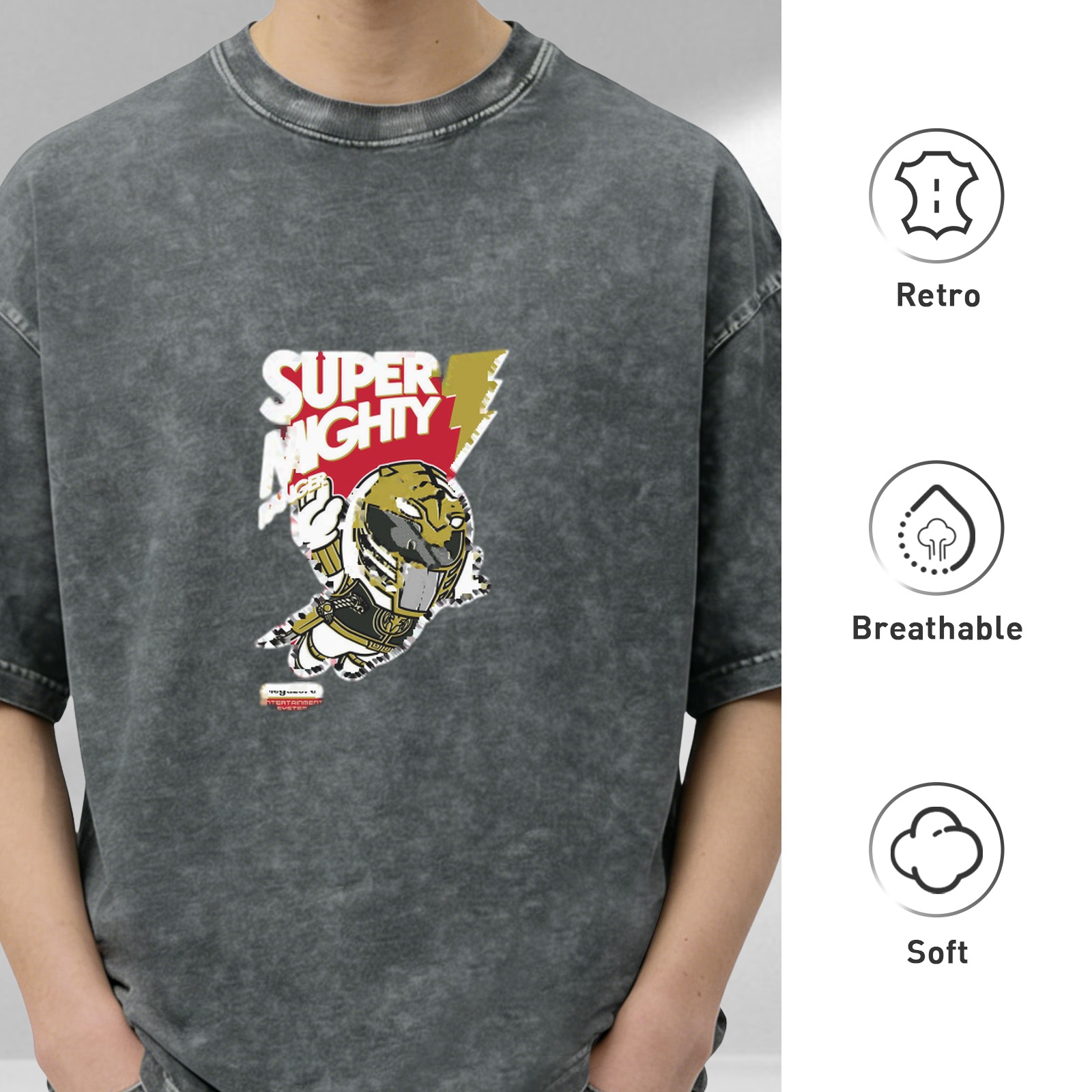 Washed Black Graphic T-Shirt with Super Mighty Hero Print