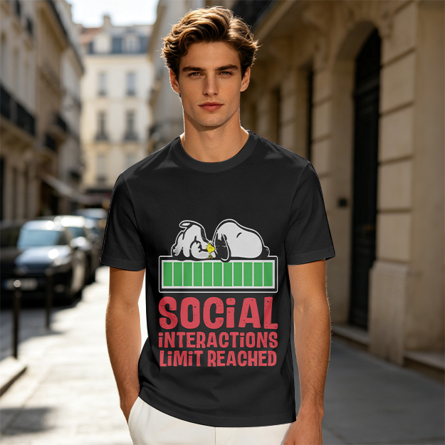 Olive t-shirt with Snoopy 'Social Interactions Limit Reached' print