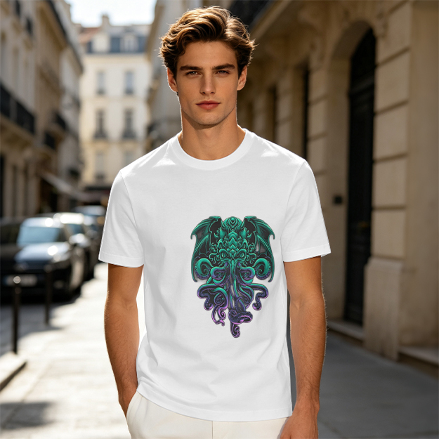 Olive Green T-Shirt With Cthulhu Octopus Dragon Graphic