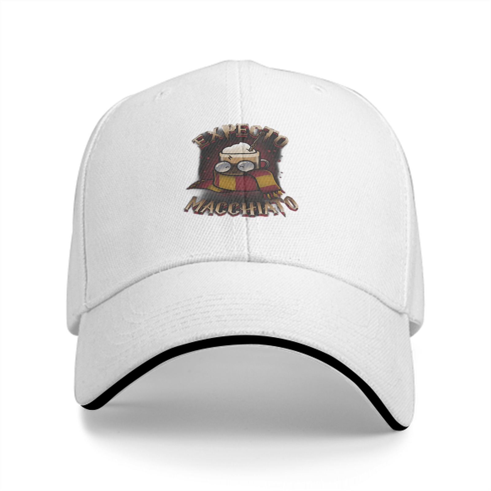 Black baseball cap with Expecto Macchiato coffee wizard print