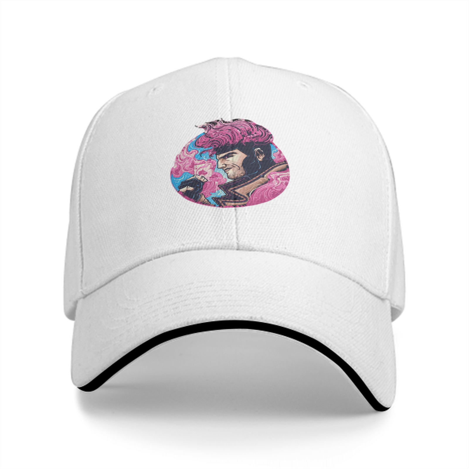 Black Baseball Cap With Pink Superhero Character Art Print