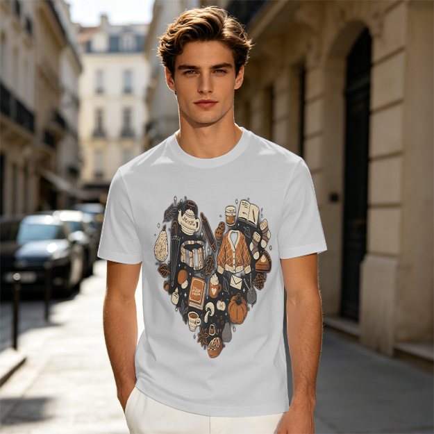 Olive Green T-Shirt With Fall Themed Heart Shaped Graphic