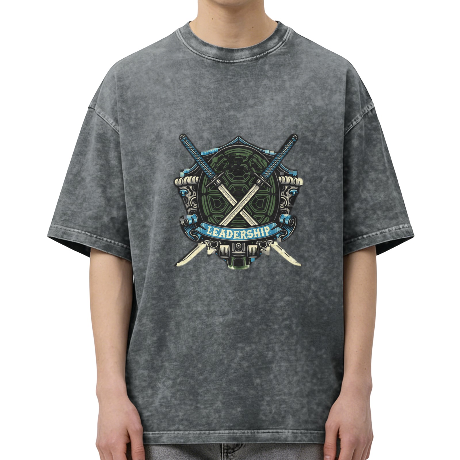 Oversized Dark Wash T-Shirt With Ninja Turtle Leadership Crest Print