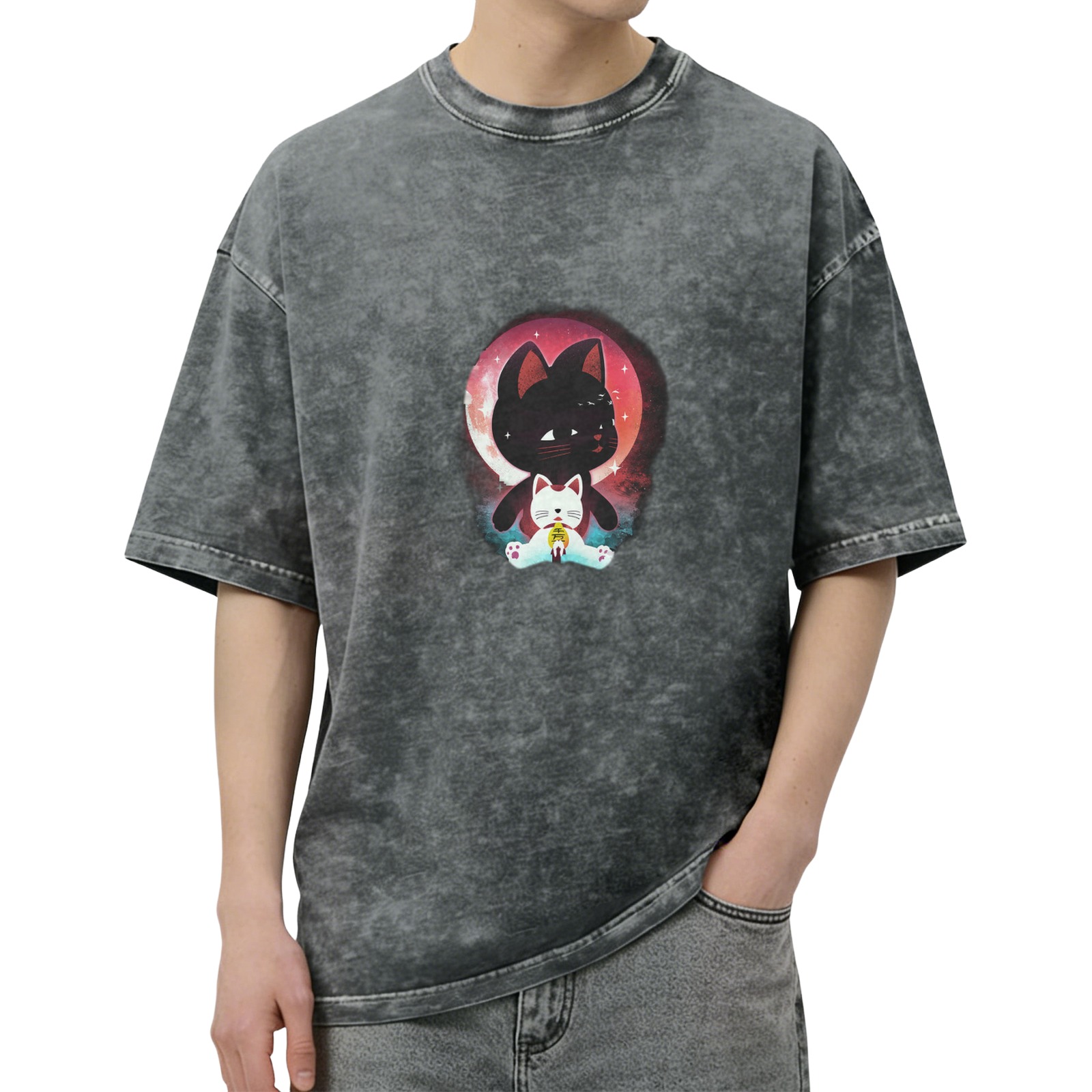Distressed washed black loose short-sleeved T-shirt with cartoon black cat and lucky cat print design