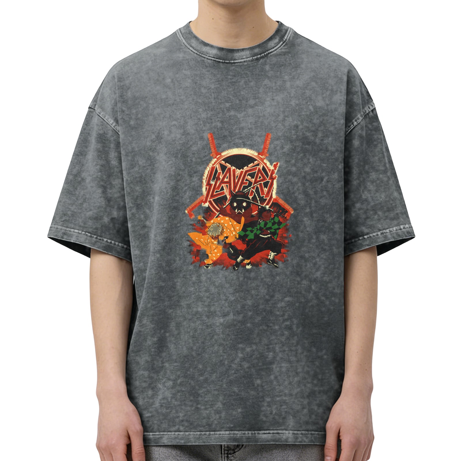 Washed Black Anime Demon Slayer Slayer Band Graphic T-Shirt