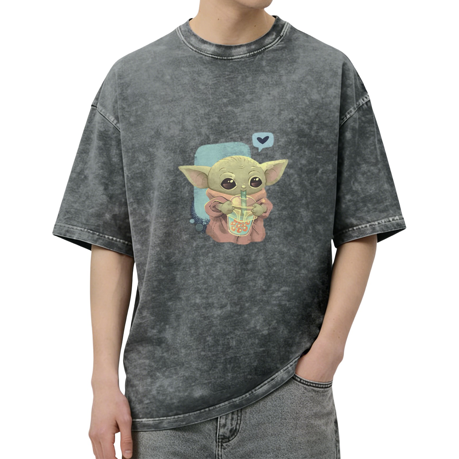 Baby Yoda Drinking Boba Tea Vintage Wash T-shirt
