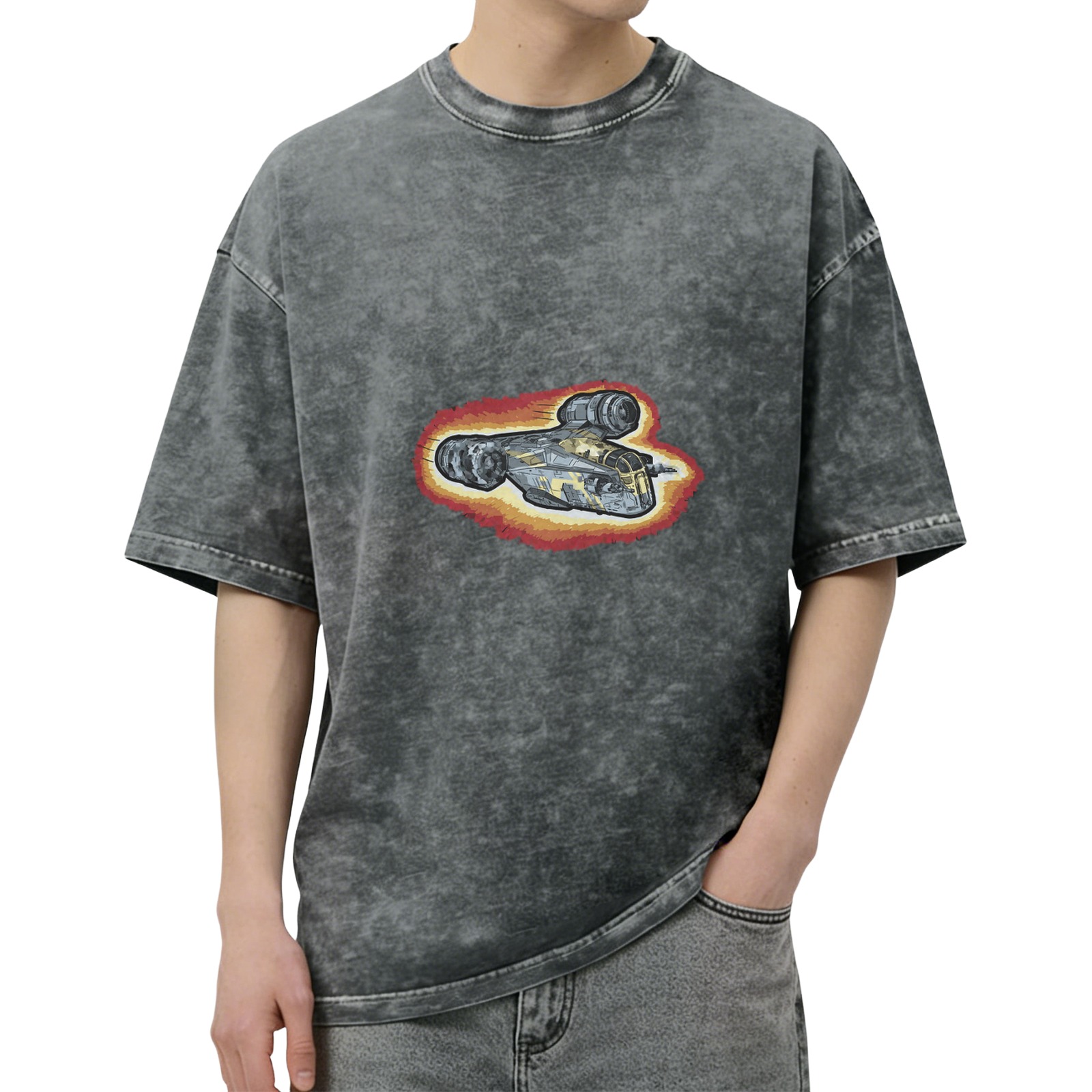 Oversized Acid Wash T-Shirt With Flying Spaceship Graphic