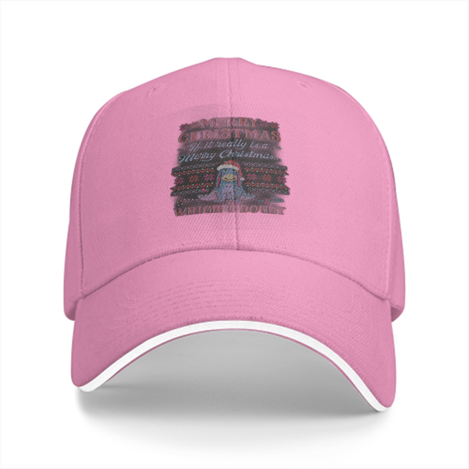 Black baseball cap with skeptical Eeyore Christmas print