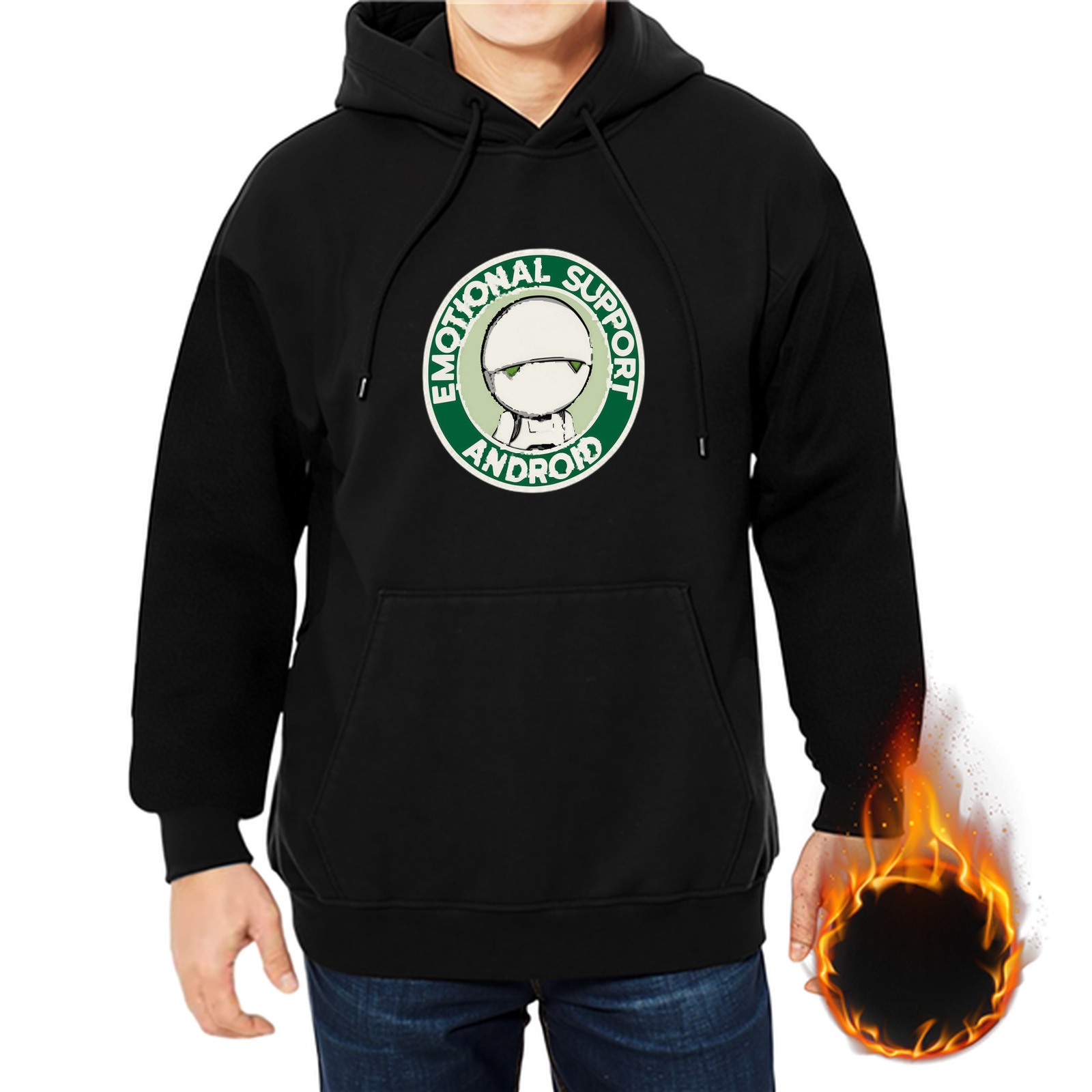 Black hoodie with Emotional Support Android Marvin graphic
