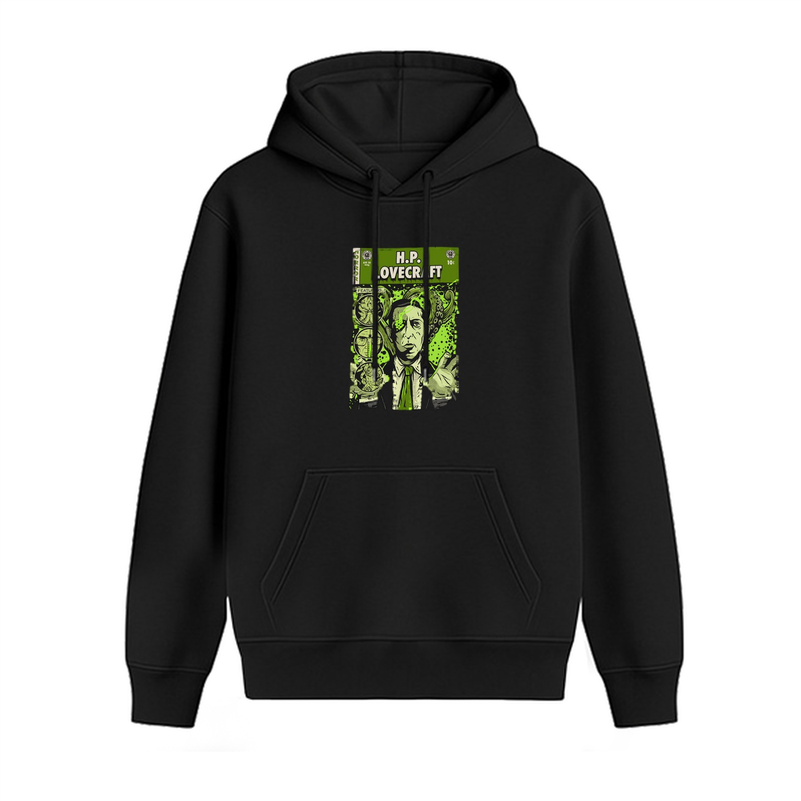 Black Hoodie with H.P. Lovecraft Comic Style Graphic Print