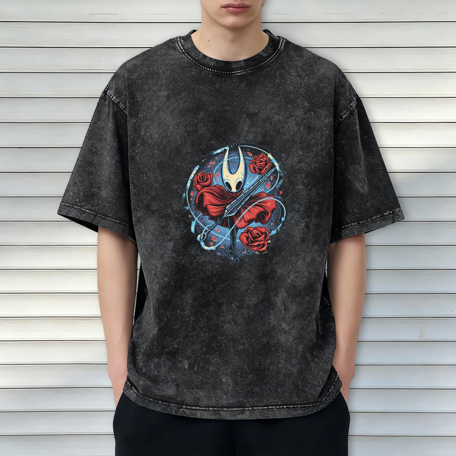 Washed black graphic t-shirt with Hollow Knight Hornet and roses print