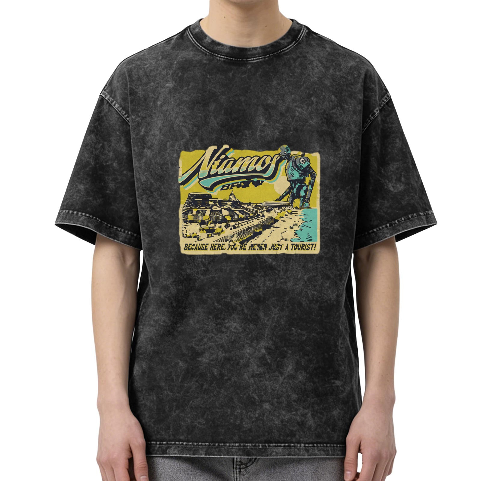 Vintage Acid Wash T-Shirt with Sci-Fi Namos Graphic Print