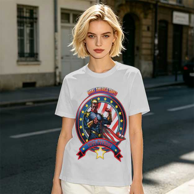Olive t-shirt with patriotic superhero 'Make America Super' graphic