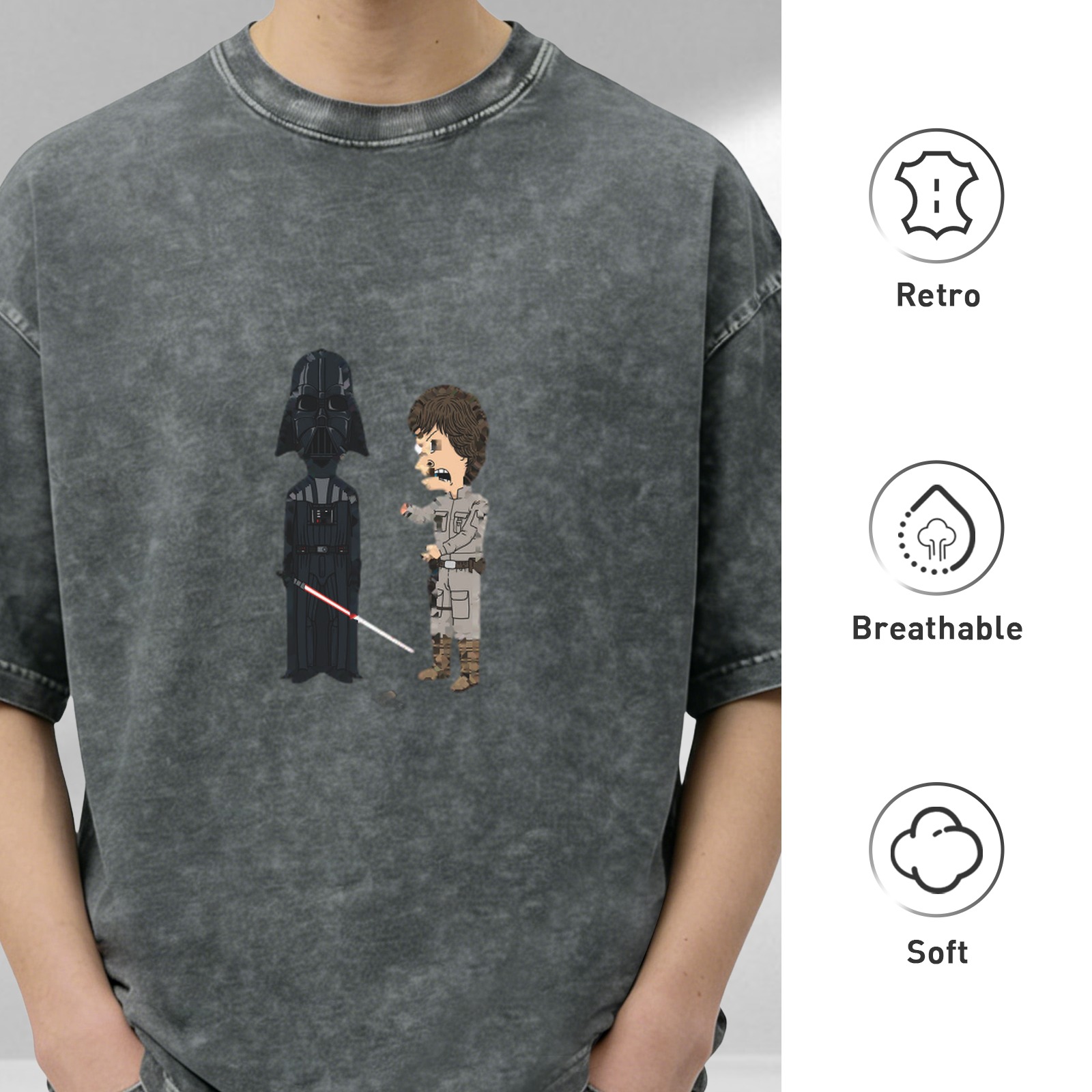 Washed Black T-Shirt with Cartoon Star Wars Darth Vader and Luke Design