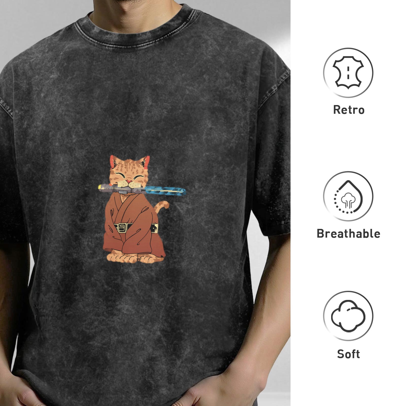Oversized Acid Wash T-Shirt With Jedi Cat Lightsaber Print