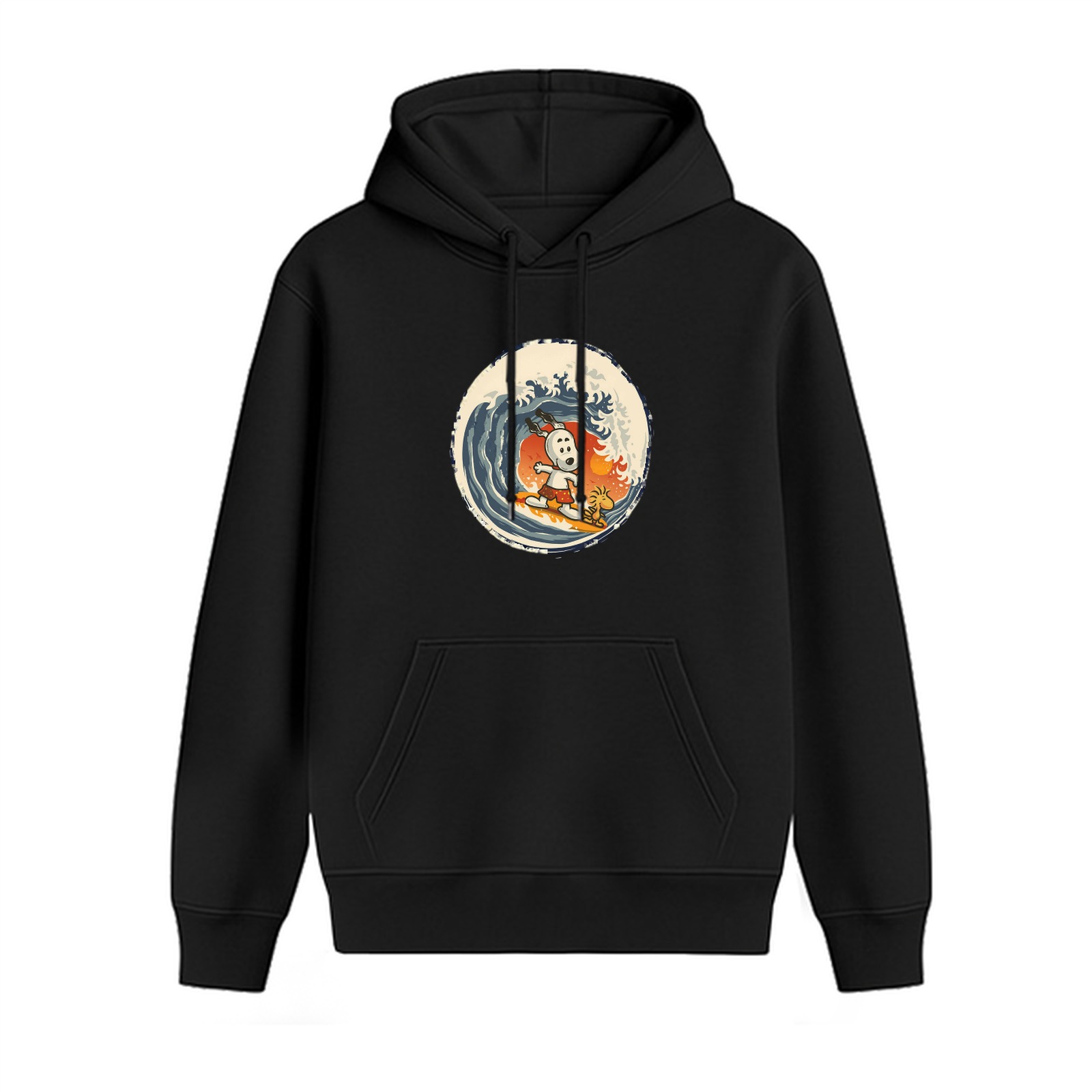 Black hoodie with Snoopy surfing the great wave graphic
