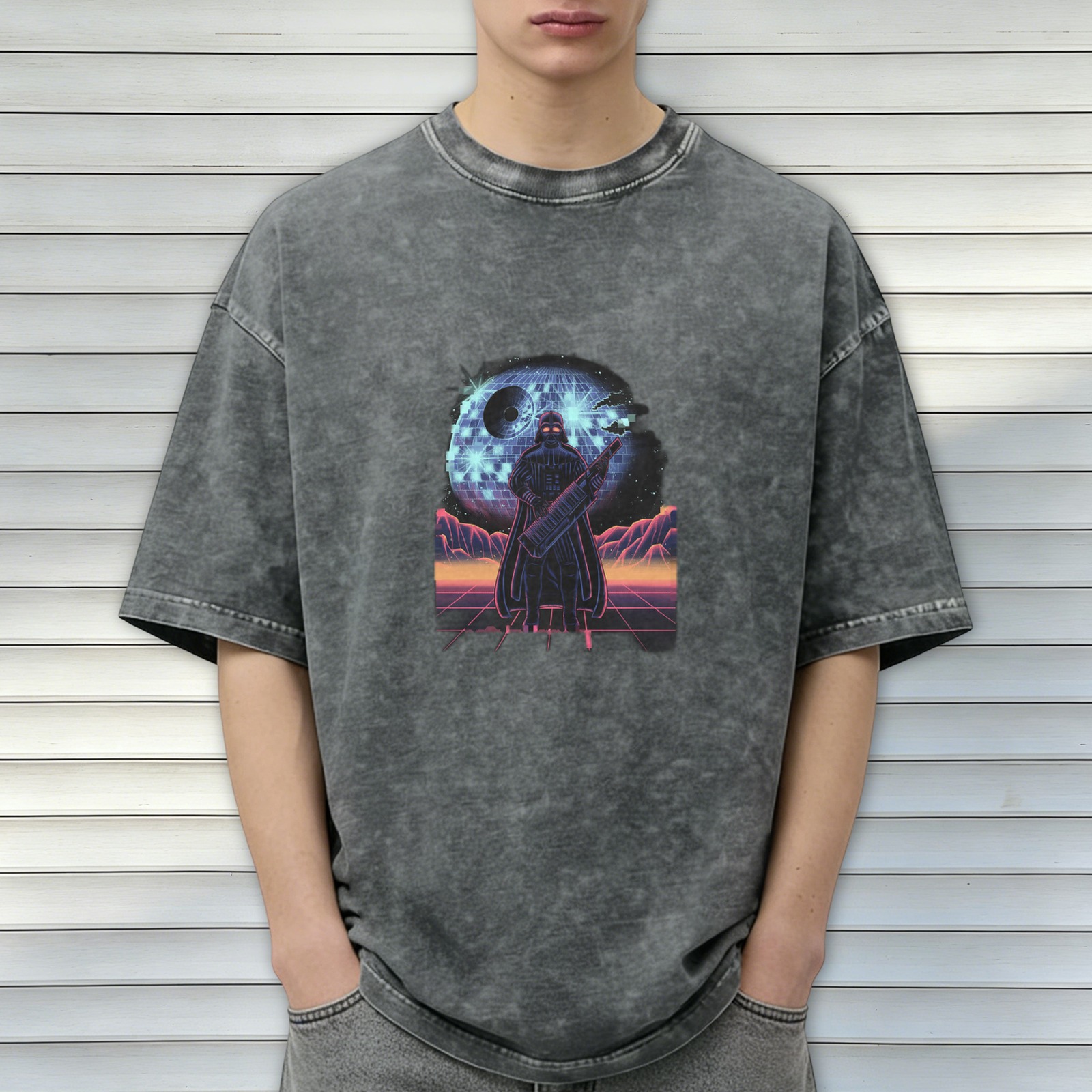 Retro Synthwave Darth Vader Disco Death Star Graphic T-Shirt