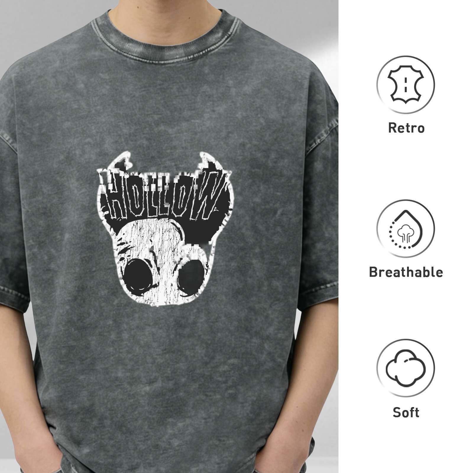 Washed Black T-Shirt With Hollow Skull Graphic Print