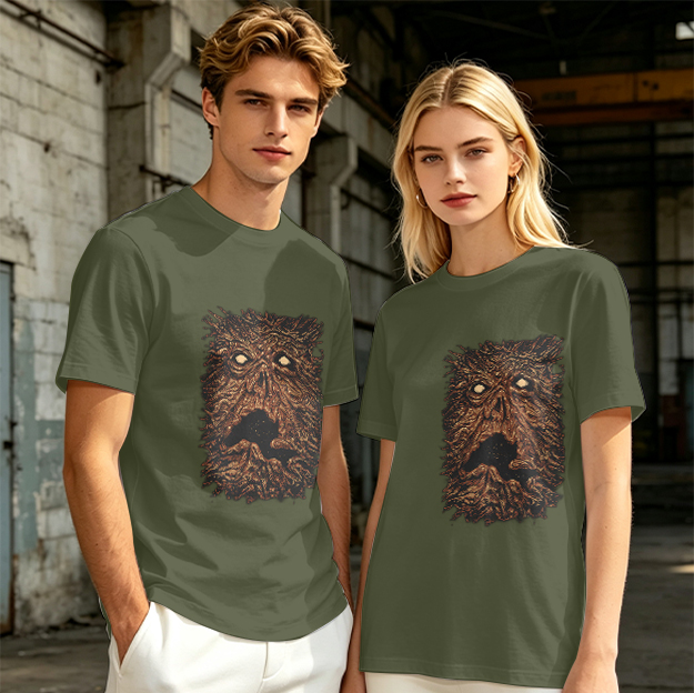 Olive Green T-Shirt with Spooky Tree Monster Face Print