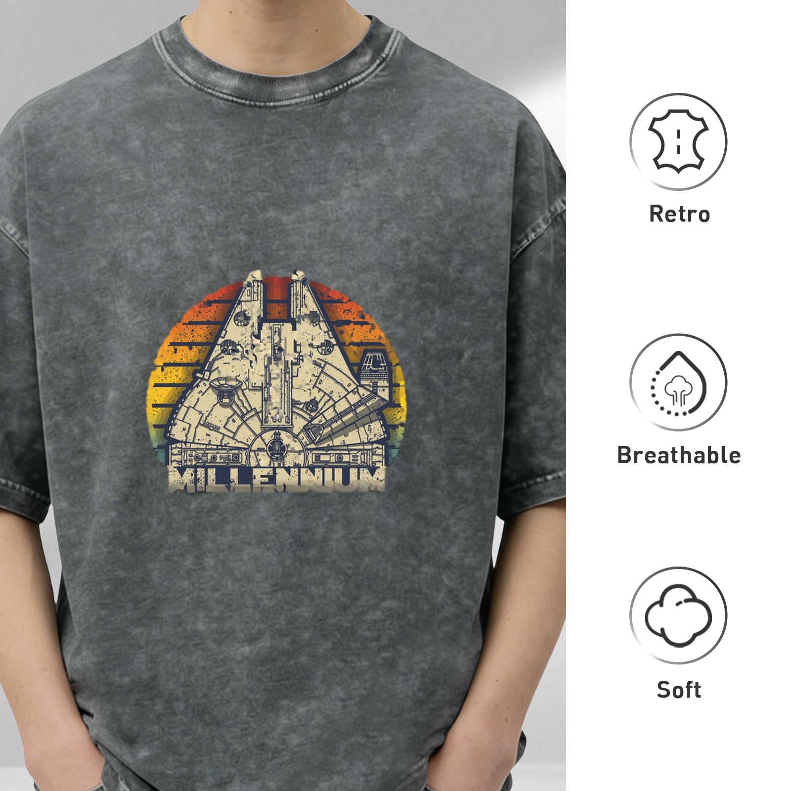 Washed Black T-Shirt with Millennium Falcon Retro Sunset Graphic