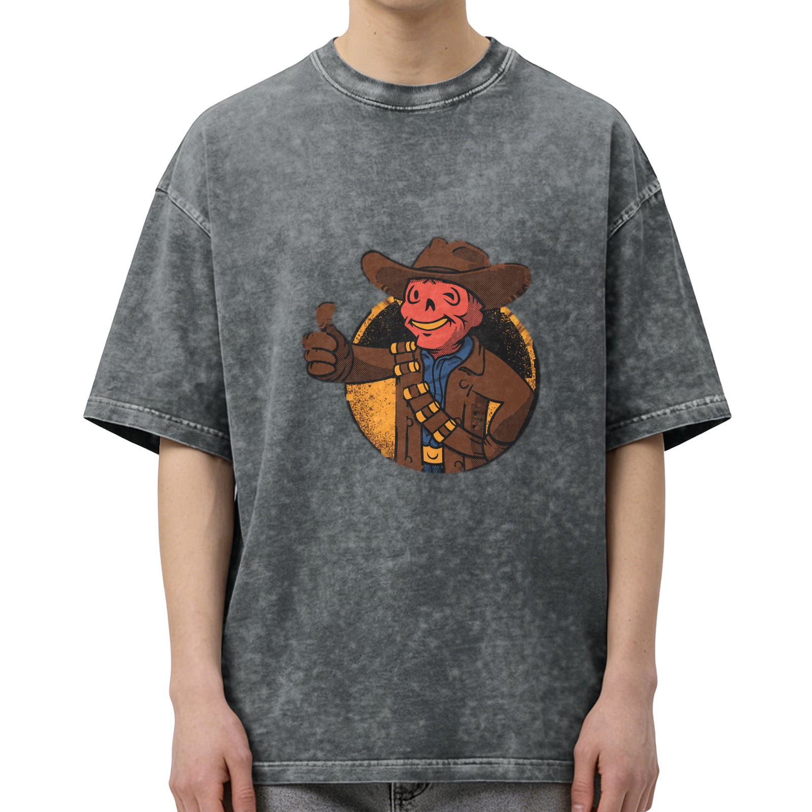 Distressed washed black short-sleeved T-shirt Fallout game themed skull denim printed loose top